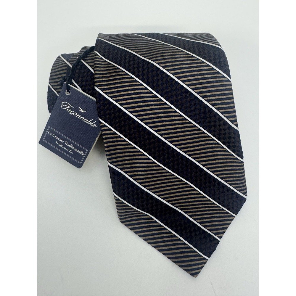 NWT Façonnable Rep Woven Silk Tie Dark Khaki & Navy Blue ‎ Handmade In Italy
